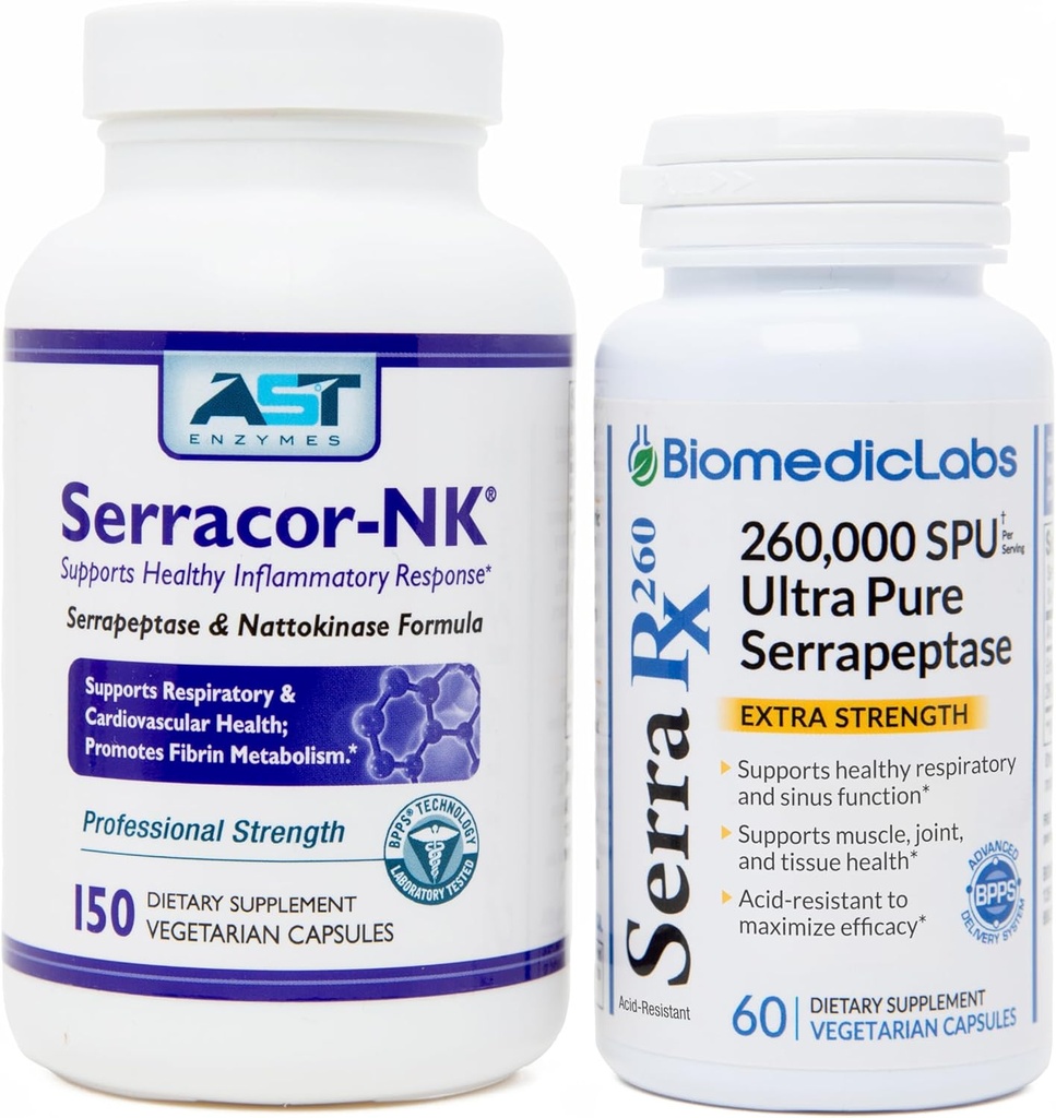 Serracor- NK & Serra-RX 260.000 SU - Scar Thissue Bundle (150 Κάψουλες & 60 Κάψουλες) - Οξύ- Resiant Serrapeptase Proteolytic Systemic Enzyme, αναπνευστικό & πνεύμονα Υποστήριξη