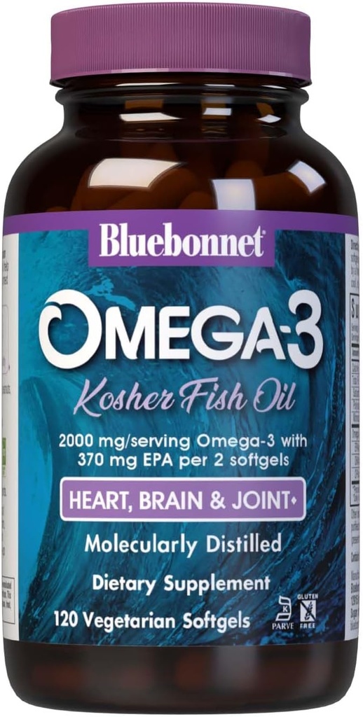 Bluebonnet Beslenme Omega-3 Kosher Fish Oil, Natural Triglyceride Form, Gluten-Free, Dairy-Free, Kosher sertifikalı, Non-GMO, 3rd Party Tested, Molecularly Distilled, 120 Vegetarian Softgel, 60