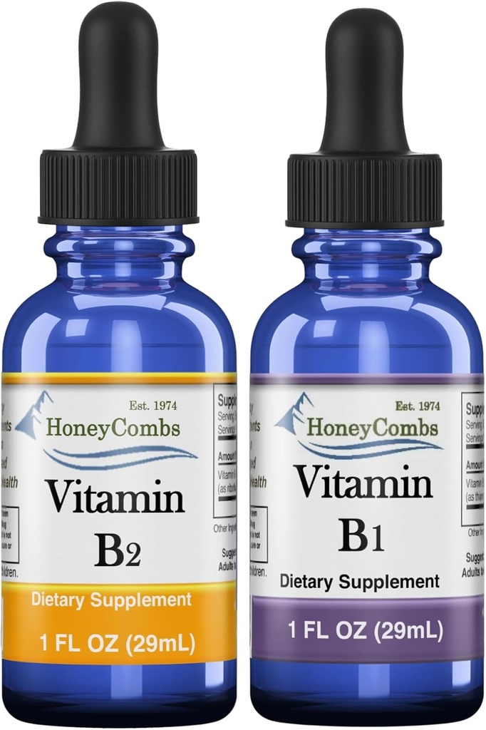 HoneyCombs High Potency B1 (Thiamine) & B2 (Riboflavin) Drops - Vegan, Non-GMO, Alkol Özgür Madde Sağlığı, Digestion, Hair, Skin & Nails