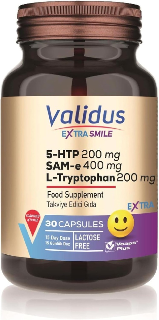 VALIDUS Ekstra Smile 5-HTTP 200 mg + L- Tryptophan 200 mg + Sam-e 400 mg 30 Capsules (Vcaps Plus)