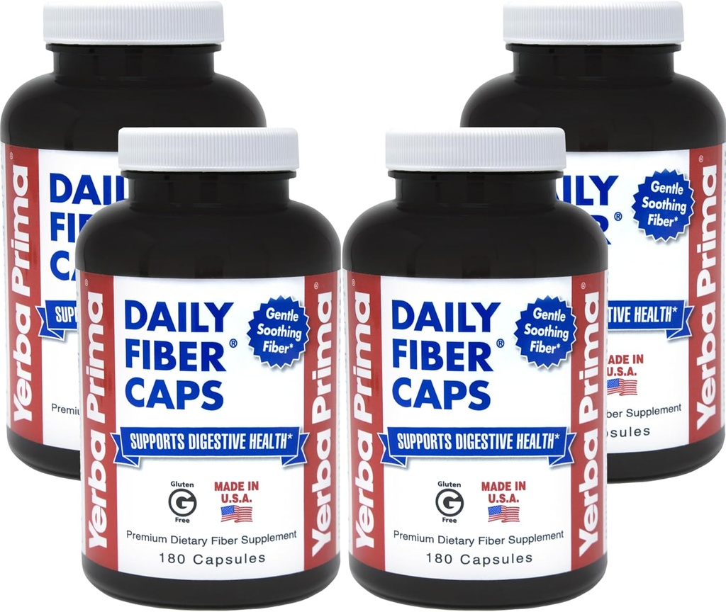 Yerba Prima Daily Fiber Caps - 180 Κάψουλες, (πακέτο των 4) - Διαλυτές και αδιάλυτες Διαιτητικές Ίνες Συμπλήρωμα - Καθαρίστε το έντερο - Υγεία στο έντερο - Vegan, Non-GMO, Χωρίς γλουτένη
