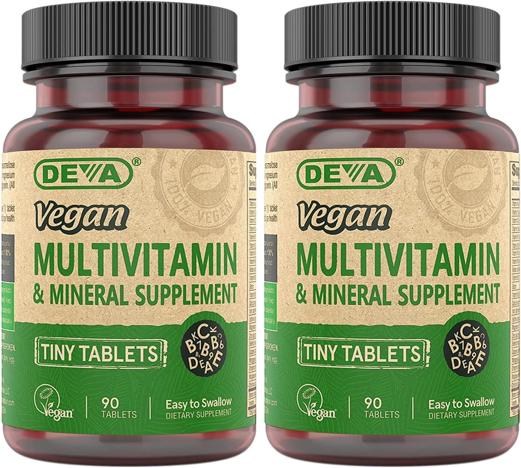 DEVA Tiny Tabletler Vegan Multivitamin for Women & Men 2Pack with Iron, Vitamin C, E, B Kompleks Vitaminleri, çinko, 90 Tabletler Her Şey için Çok Vitaminler