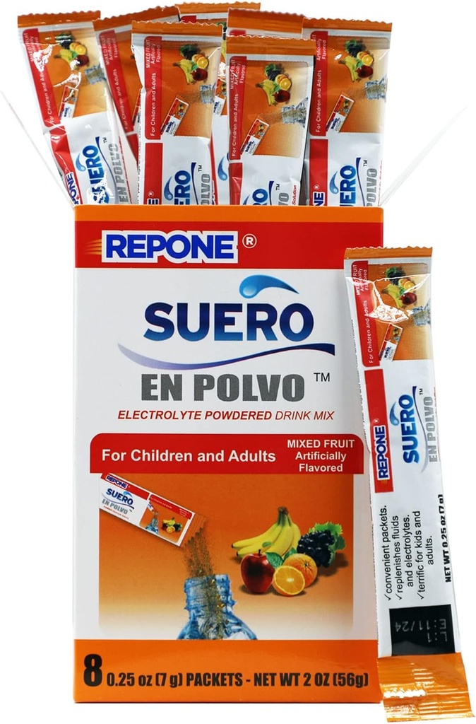 REPONE SUERO Electrolyte Powder Solution Fruit Flavor, 8 Oz Packets, 1 Box with 8 Packets.