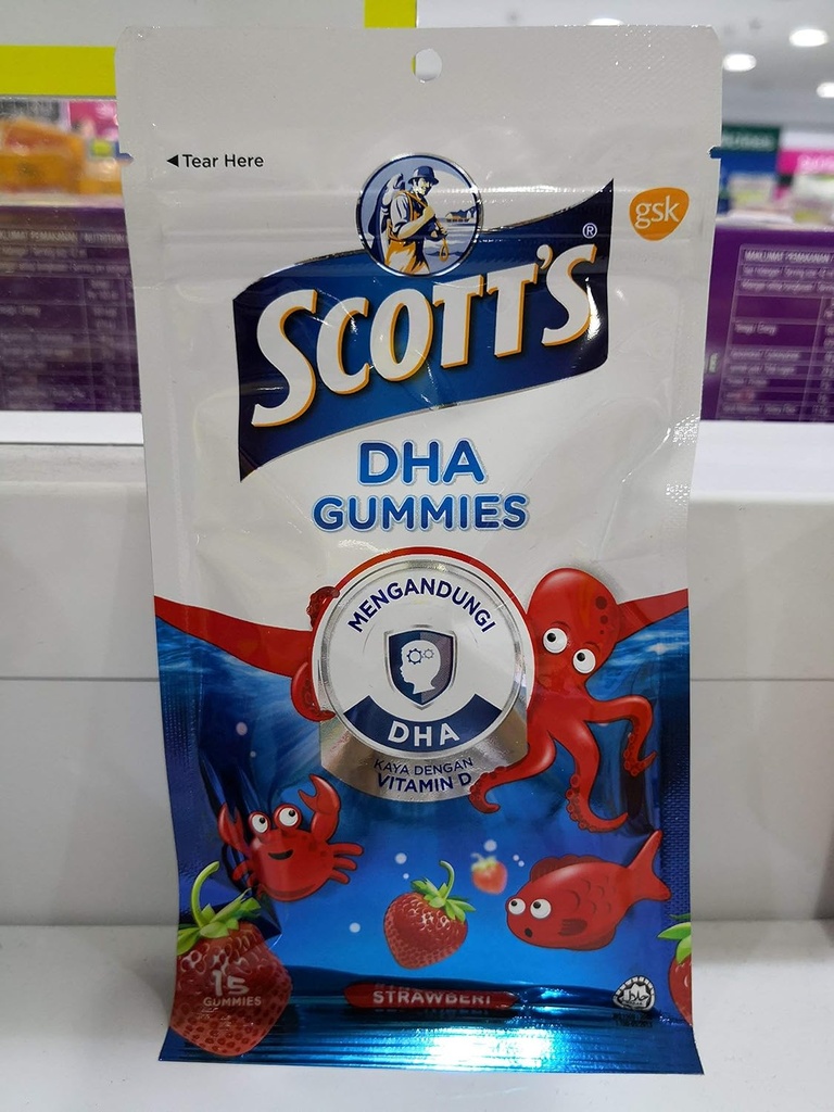 Scott's DHA Gummies, Strawberry Flavour, 15s, Vitamin D, Essential for Healthy Growth & Development in Children and Healthy Immune Function.