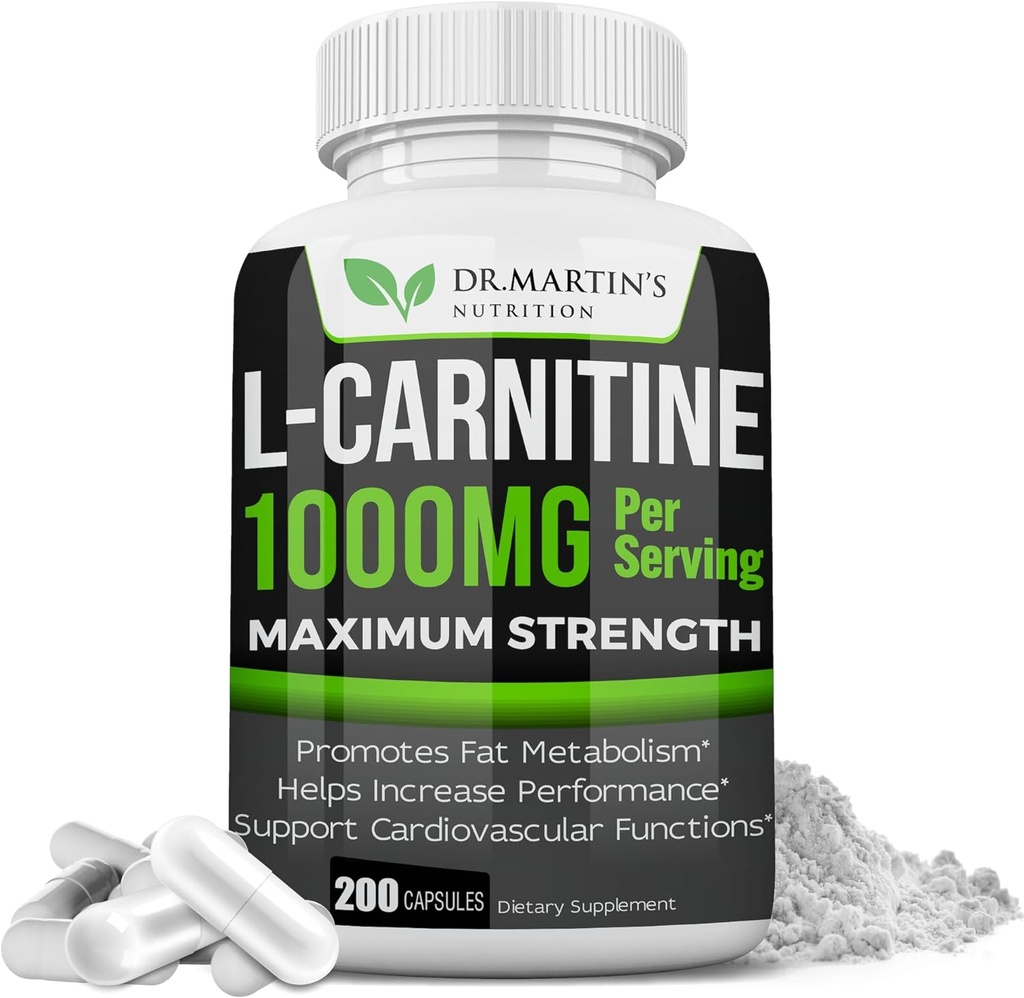DR. MARTIN'S NUTRITION Extra Strength L-Carnitine - 200 Capsules - 1000 mg Per Servis - Metabolilarınızı artırmak ve Performansınızı artırmak