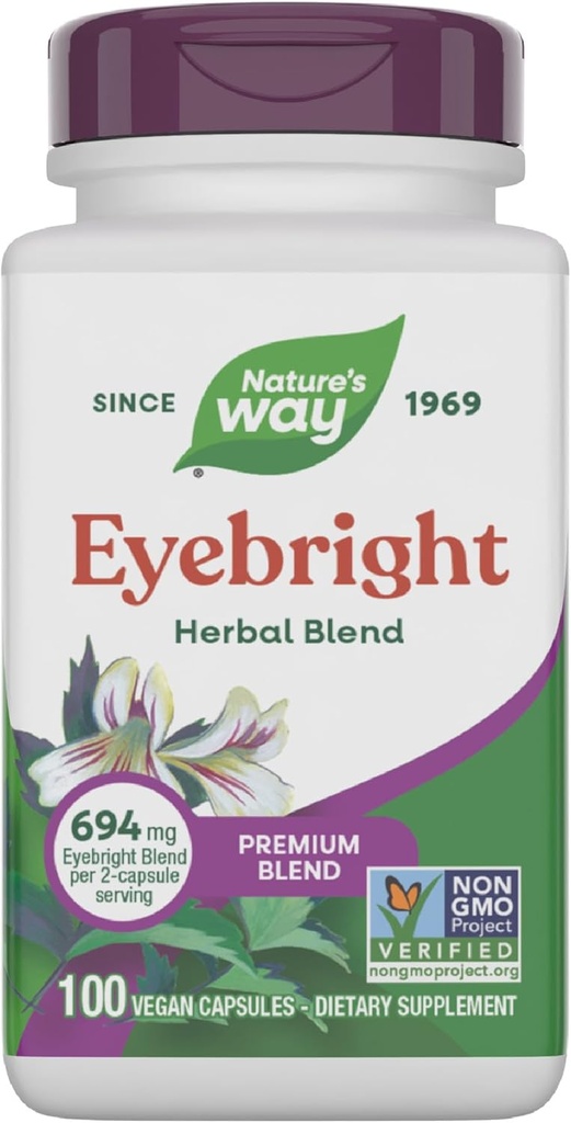 Nature's Way Eyebright Premium Blend, Herbal Blend, Μη ΓΤΟ Έργο Επαληθευμένο, Vegan, 100 Κάψουλες (Packaging May Vary)