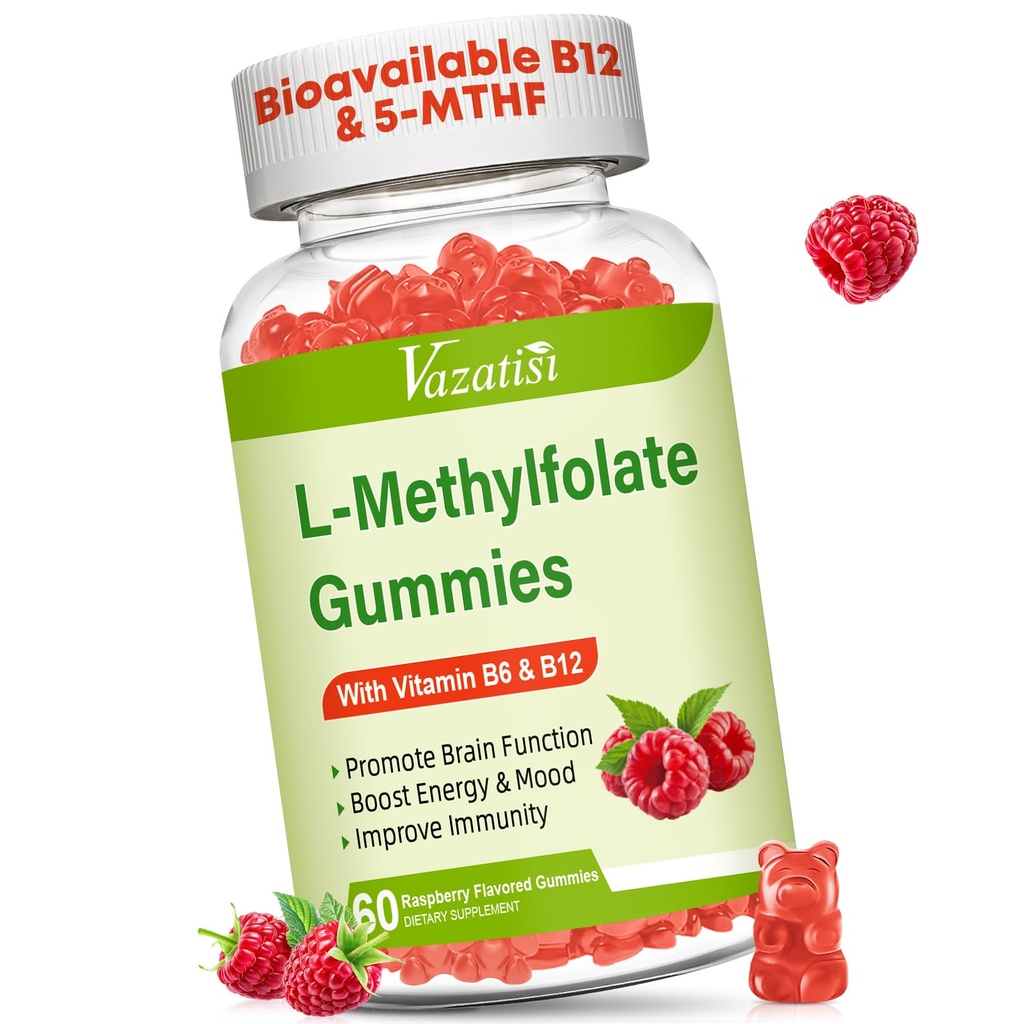 L-Methylfolate 15 mg Gummies with Torch B12, Folate Supplement for Mood, Brain Health, Immune Support, Raspberry Flavor, 60