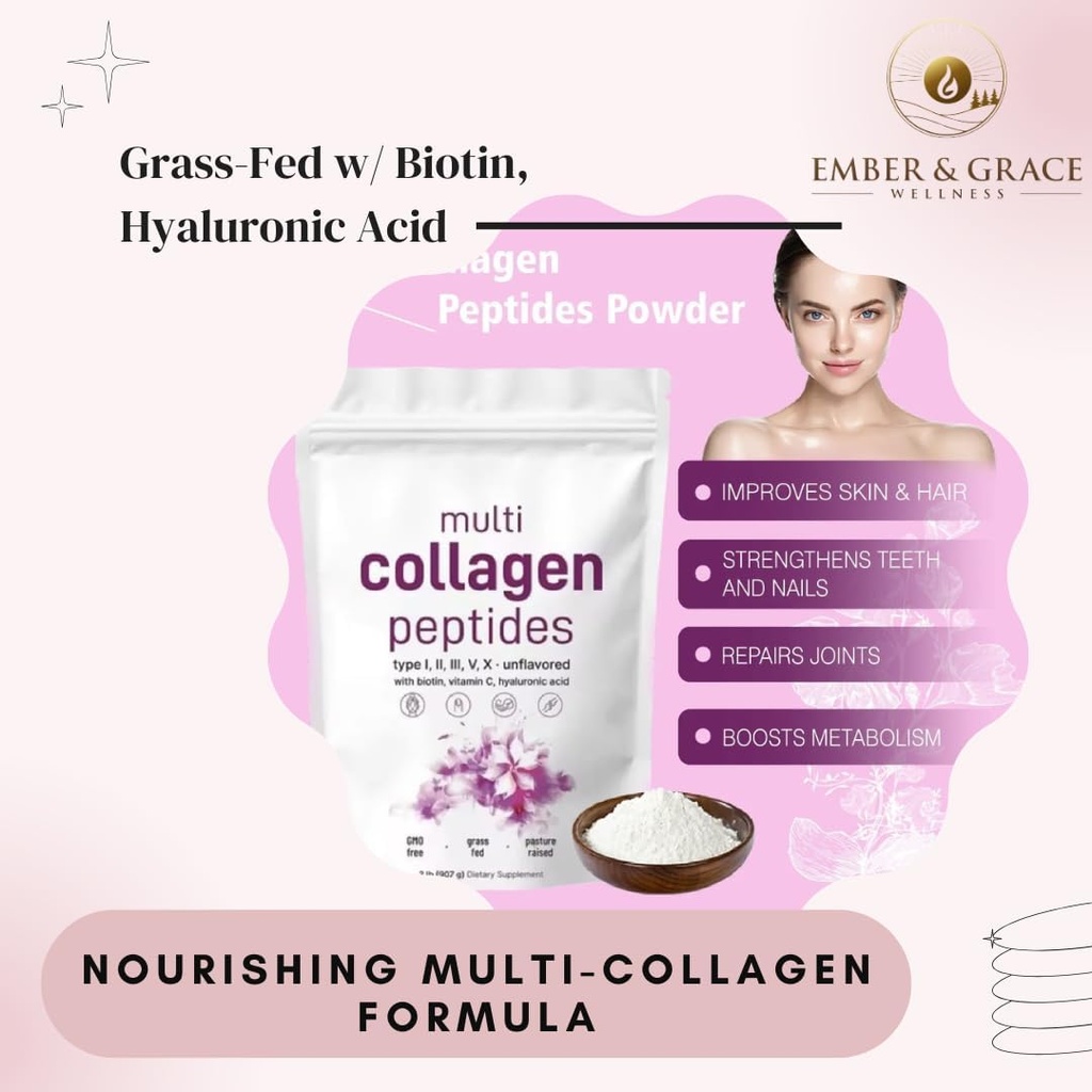 Ember & Grace Wellness Multi Collagen Protein Powder– Τύπος I,II,III,V,X με Βιοτίνη, Υαλουρονικό Οξύ, Βιταμίνη C – Μη αρωματισμένα Collagen Peptides – Κέτο & Παλαιό Φιλικό, Εύκολη Διάλυση, Μη ΓΤΟ