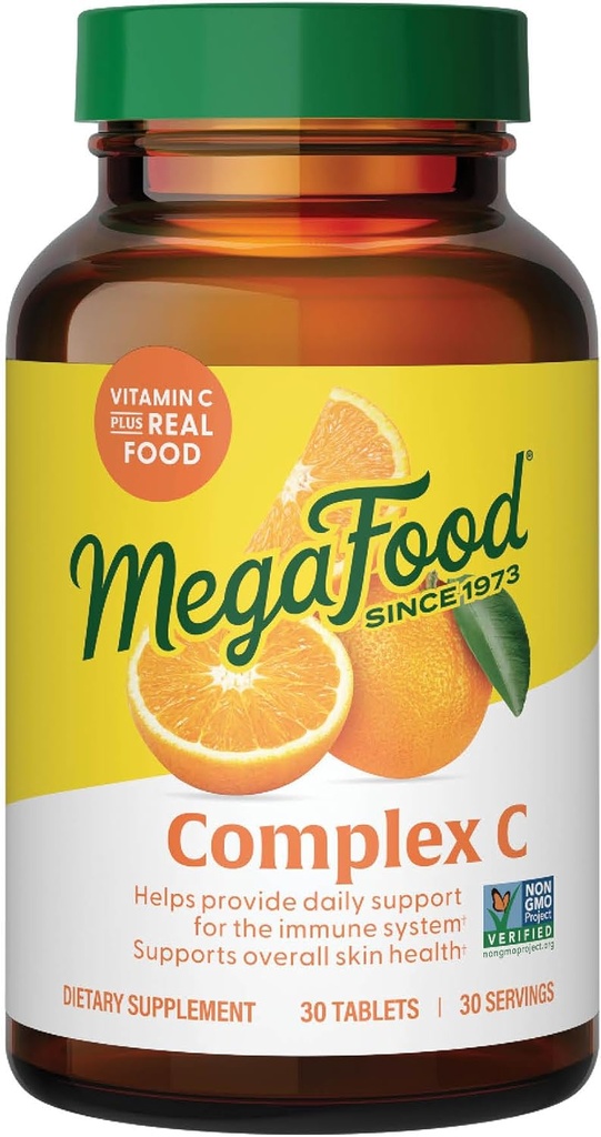 MegaFood Kompleksi C - Vegan Immune Support Supplement with Vitamin C 250 mg, Made with Real Food Including Orange, Cranberry & Brown Rice, Gluten-Free, Kosher - 30 Tablet, 30 Hizmet