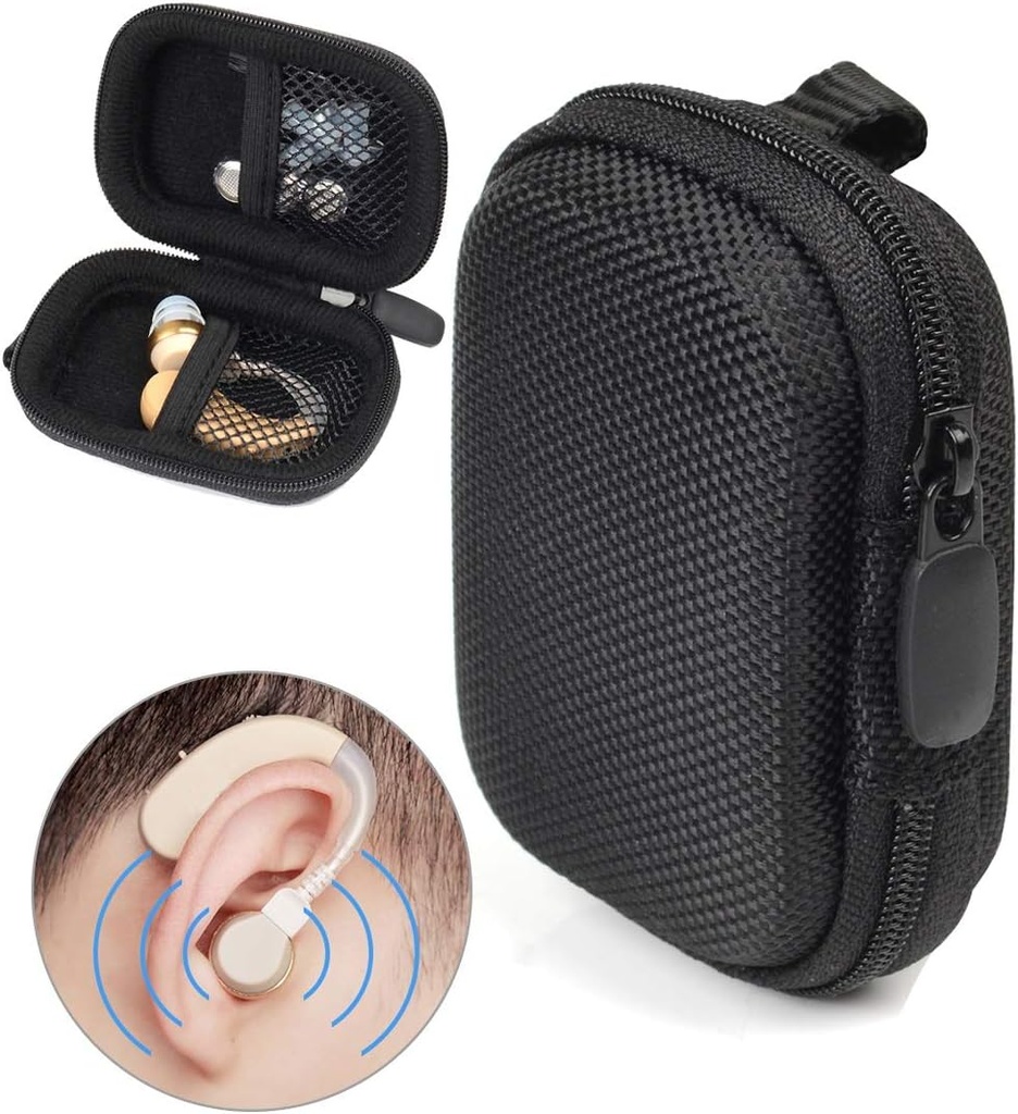 Designed Protective Case for Hearing Aid, Hearing Amplifier, Personal Sound Amplifier, Hearing Device, Listening Device, Strong Mini Case with Mesh pocket, Universal design (Ballistic Black)