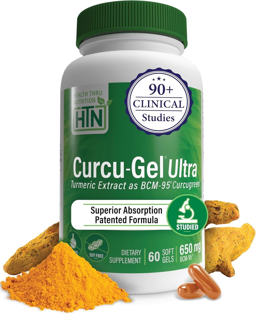 Health Thru Nutrition Curcu-Gel 650mg BCM-95® Curcugreen Turmeric Curcumin| High Absorption | Healthy Inflammation Response | Clinically Studied | 3rd Party Tested | Non-GMO (Pack of 60)