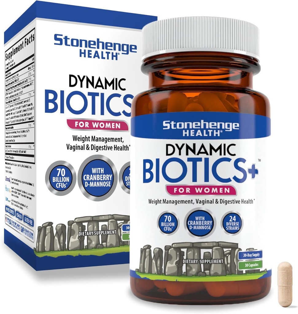 Stonehenge Health Probiotics 70 Δισεκατομμύρια CFU + 24 Strains, Prebiotic, Dynamic Biotics+ for Women, New Formula for Weight Management, Digestive & Κολπική Υποστήριξη, Καθυστερημένη Διάρκεια Απελευθέρωσης Σταθερή Μη ΓΤΟ