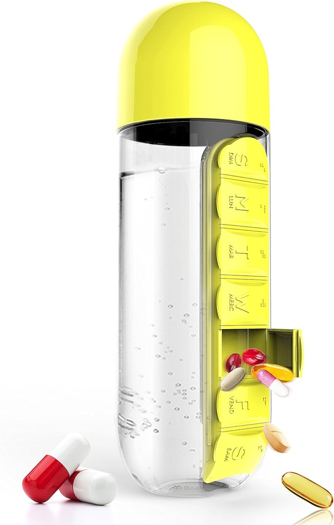 Asobu Συνδυάστε Daily Pill Box Organizer με μπουκάλι νερού, 20 oz, μαύρο (Κίτρινο)