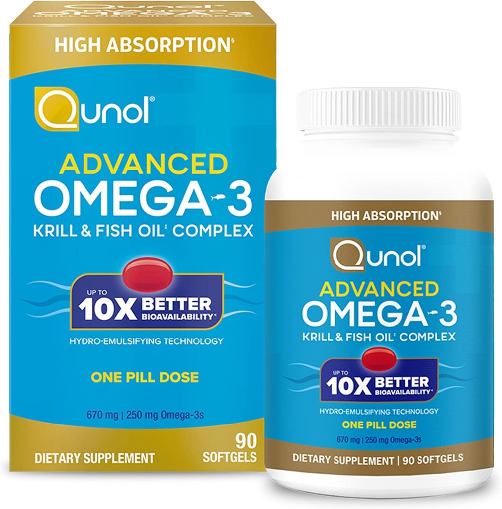 Qunol Advanced Omega 3 Krill ve Fish Oil Kompleksi, 10x Better Bioavailability, One Pill Dose, 250 mg EPA & DHA, Supports Brain, Eye, Heart and Joint Health, 90 Count (Pack of 1)