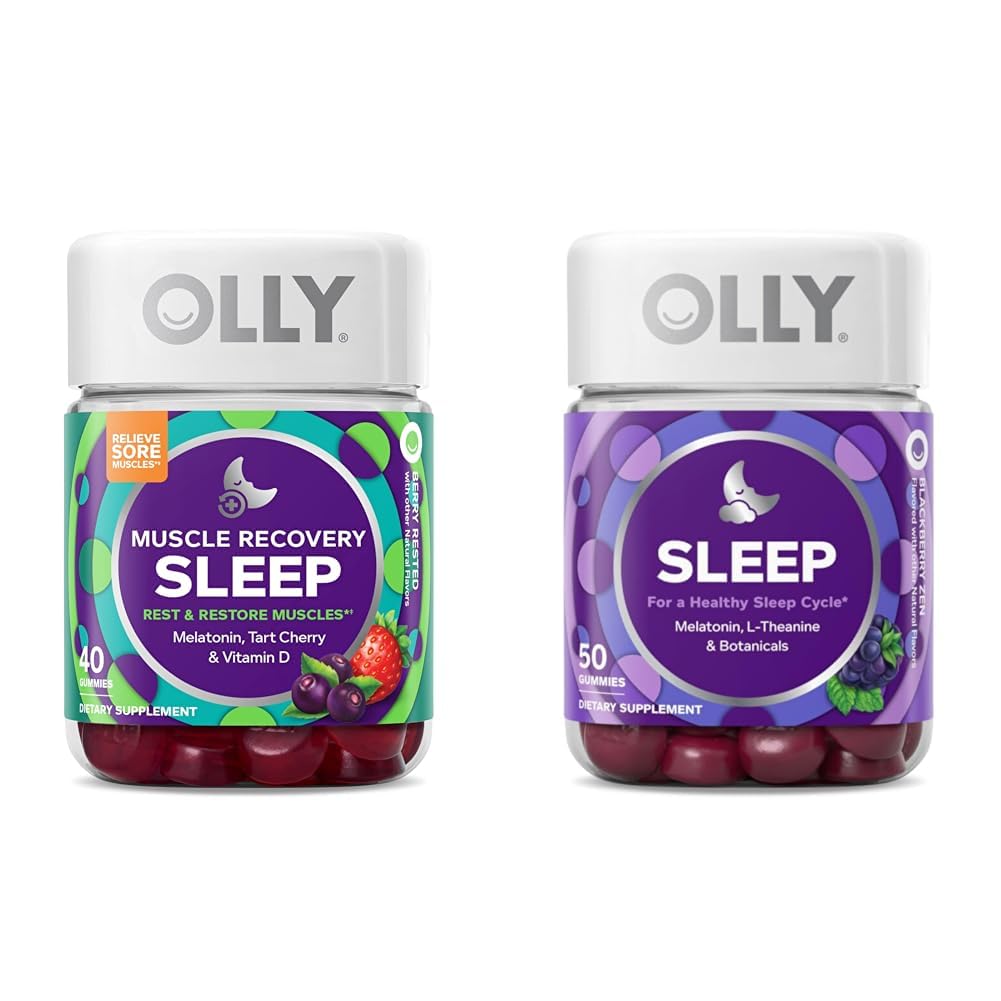 OLLY Muscle Recovery Sleep Gummies with Melatonin, Tart Cherry, Vitamin D, 40 Kont Sleep Gummy with Melatonin, L-Theanine, Chamomile, 50 Count Count Count