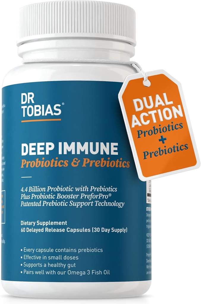 Dr. Tobias Deep Immune Probiotics & Prebiotics, Dual Action Digestion & Immune Support with PreforPro Prebiotics & Delayed Release Spore Forming Probiotics for Women & Men, 60 Κάψουλες, 30 Σερβιέτες