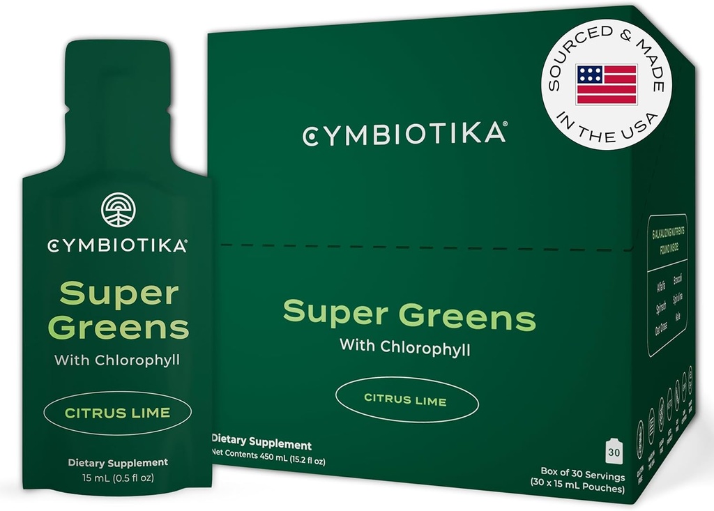 CYMBIOTIKA Super Greens Supplement with Chlorophyll, Spirulina, Daily Vegan Superfood Packets for Digestive Gut Health, Detox, Energy and Immune Support, Citrus Lime Flavor, 15 mL Pouches, 30 Pack