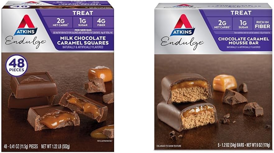Atkins Endulge Milk Chocolate Caramel Squares 48 Count & Chocolate Caramel Mousse Bars 5 Count Log