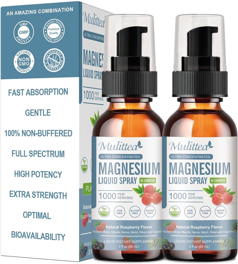 Magnesium Glycinate Liquid with Citrate, Taurate, Malate-Magnesium Complex Drops Spray w/Potassium L-Theanine-High Absorption -Vegan, Sugar Free, 2 Fl.oz