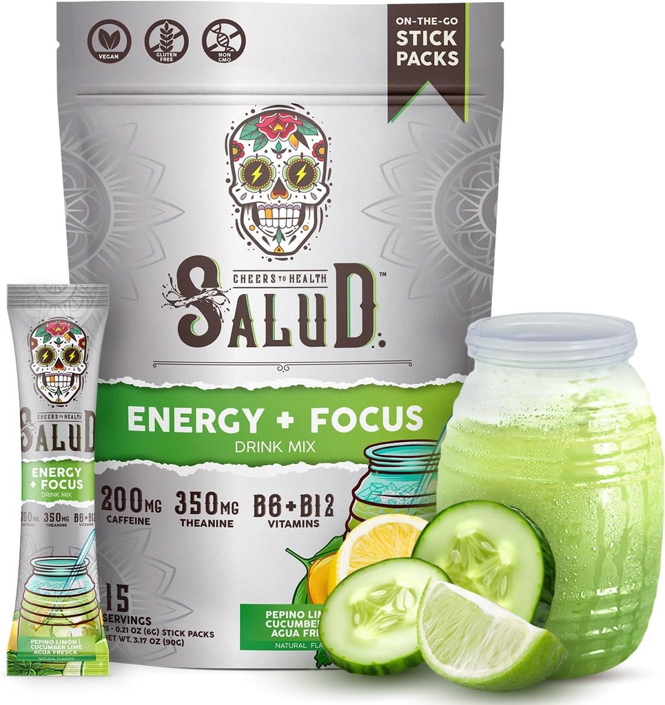 Salud 2in-1 Energy Drink Toz + Focus, Cucumber Lime, Organic Caffeine, B6 + B12, Theanine, Clean Energy Drink Packets, Agua Fresca Mix, Non-GMO, Gluten Free, Vegan, 1g of Sugar, (15 hizmet)