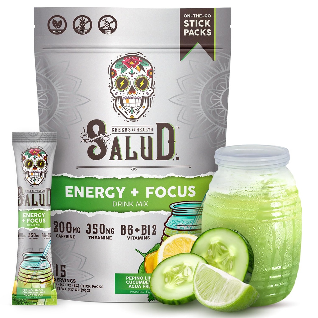 Salud 2in-1 Energy Drink Toz + Focus, Cucumber Lime, Organic Caffeine, B6 + B12, Theanine, Clean Energy Drink Packets, Agua Fresca Mix, Non-GMO, Gluten Free, Vegan, 1g of Sugar, (15 hizmet)