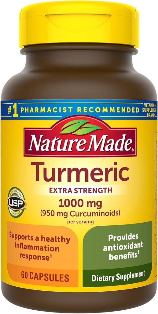 Nature Made Extra Strength Turmeric Curcumin with Black Pepper, 1000 mg Turmeric Extract per serve (Strateized to% 95 Curcuminoids), Destekler Sağlıklı Inflammation Response, 60 Vegetarian Capsules