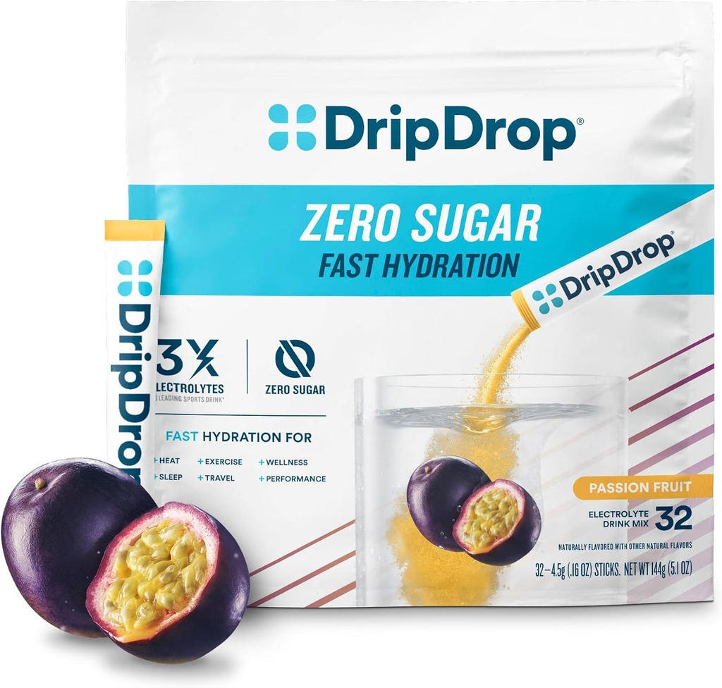 DripDrop Sugar Free Hydration Packets - Zero Passion Fruit - Single Serve Electrolytes Toz İçecek Mix - Non-GMO, Gluten Free, Vegan - 32 Sticks