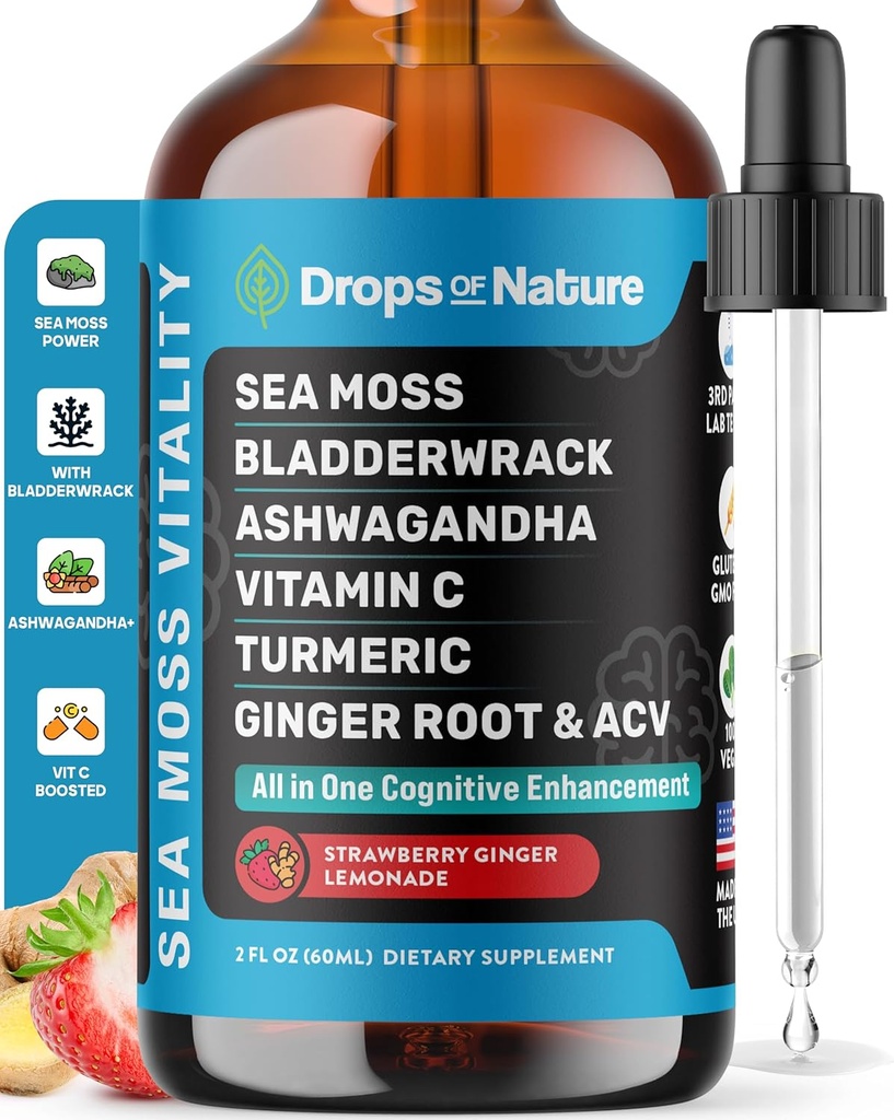 Ashwagandha & Turmeric Liquid Drops - Vitamin C, Sea Moss, Apple Cider Vinegar, Bladderwrack - Vegan Sıvı Ayaklar Kapsamlı Sağlık Desteği ve Vital Immunity (Strawberry Ginger Lemonade, 60mL)