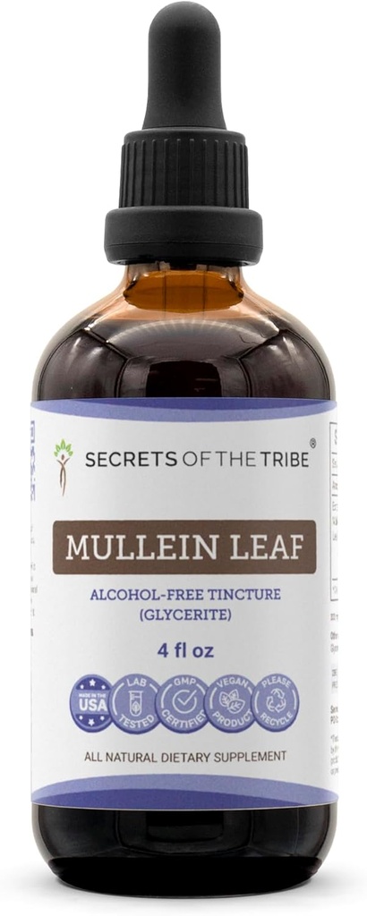 Secrets of the Tribe Mullein Leaf Alcohol-Free Liquid Extract, Mullein (Verbascum thapsus) Tincture Supplement (4 FL OZ)