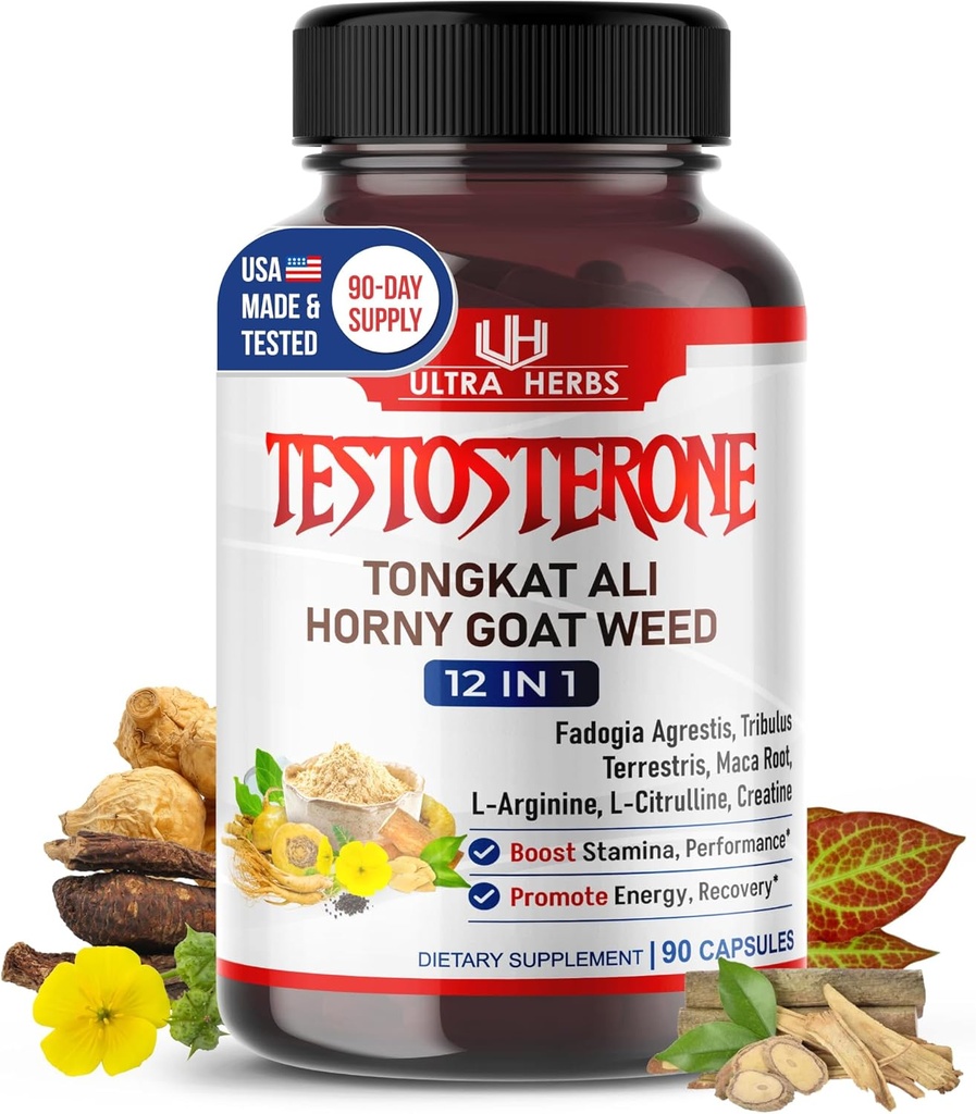 Ultra Test Capsule 12, L-Arginine, Fadogia Agrestis, Tribulus Terrestris, Maca Root, Beetroot, L-Citrulline, Kretine - USA Made (90-Day Supply)