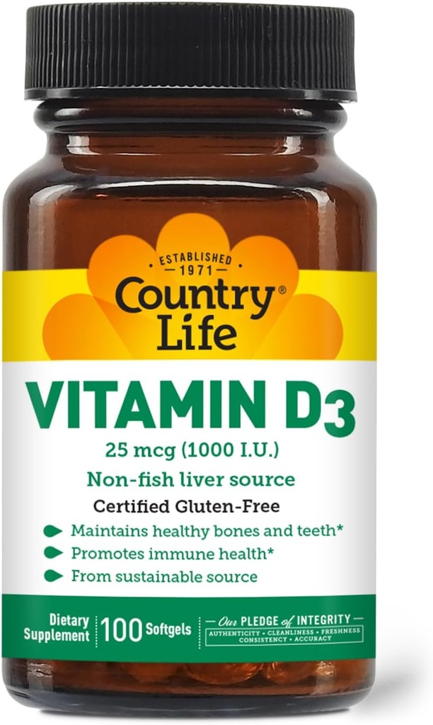 Country Life Βιταμίνη D3, Μη Ψάρια 1000 IU, 100 Softgels, Certified Gluten Free