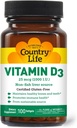 Country Life Βιταμίνη D3, Μη Ψάρια 1000 IU, 100 Softgels, Certified Gluten Free