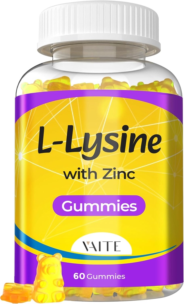 L Lysine Gummies 1000 mg with çinko - Supports Skin, Lip, Vegan, Gluten Free, 60 Chewable L-Lysine for Yetişkinler, Vitamins Tissue Health & Immune System, Bolt Acid & Kompleksi