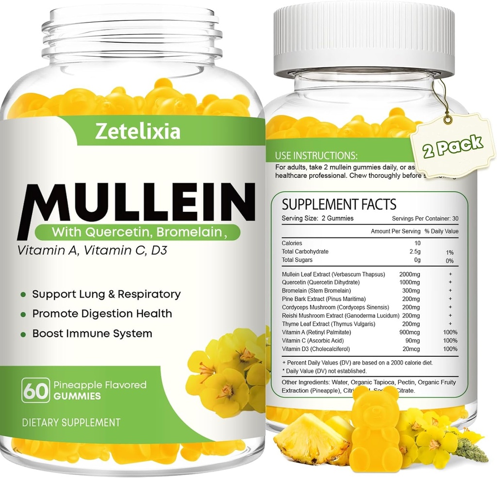 Clear Lungs için Mullein Gummies, 10 In 1 Mullein Leaf Extract for Lungs, Mullein Quercetin Gummies for Lung Cleanse, Respiratory, Immune Count, Pineapple Flavor, 120