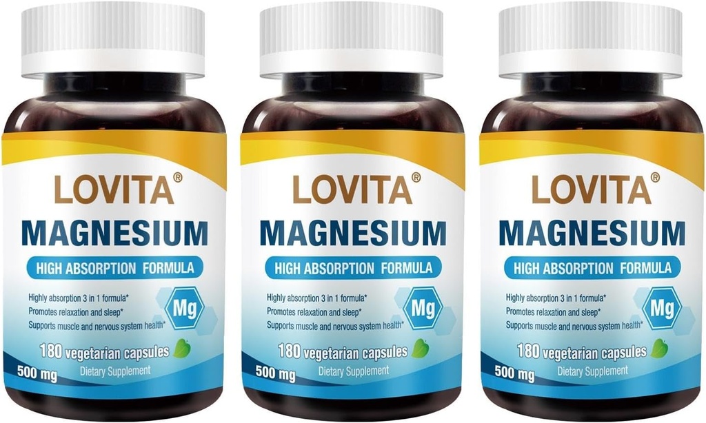 Lovita Triple Magnesium Complex 500mg, Υψηλή Απορρόφηση και Δύναμη Φόρμουλα, Γλυκινικό, Κιτρικό & Οξείδιο, Υποστηρίξτε τον Ύπνο, Χαλάρωση, Καρδιά, Νεύρα & Υγεία των Οστών, 180 Κάψουλες Vegan (Pack of 3)