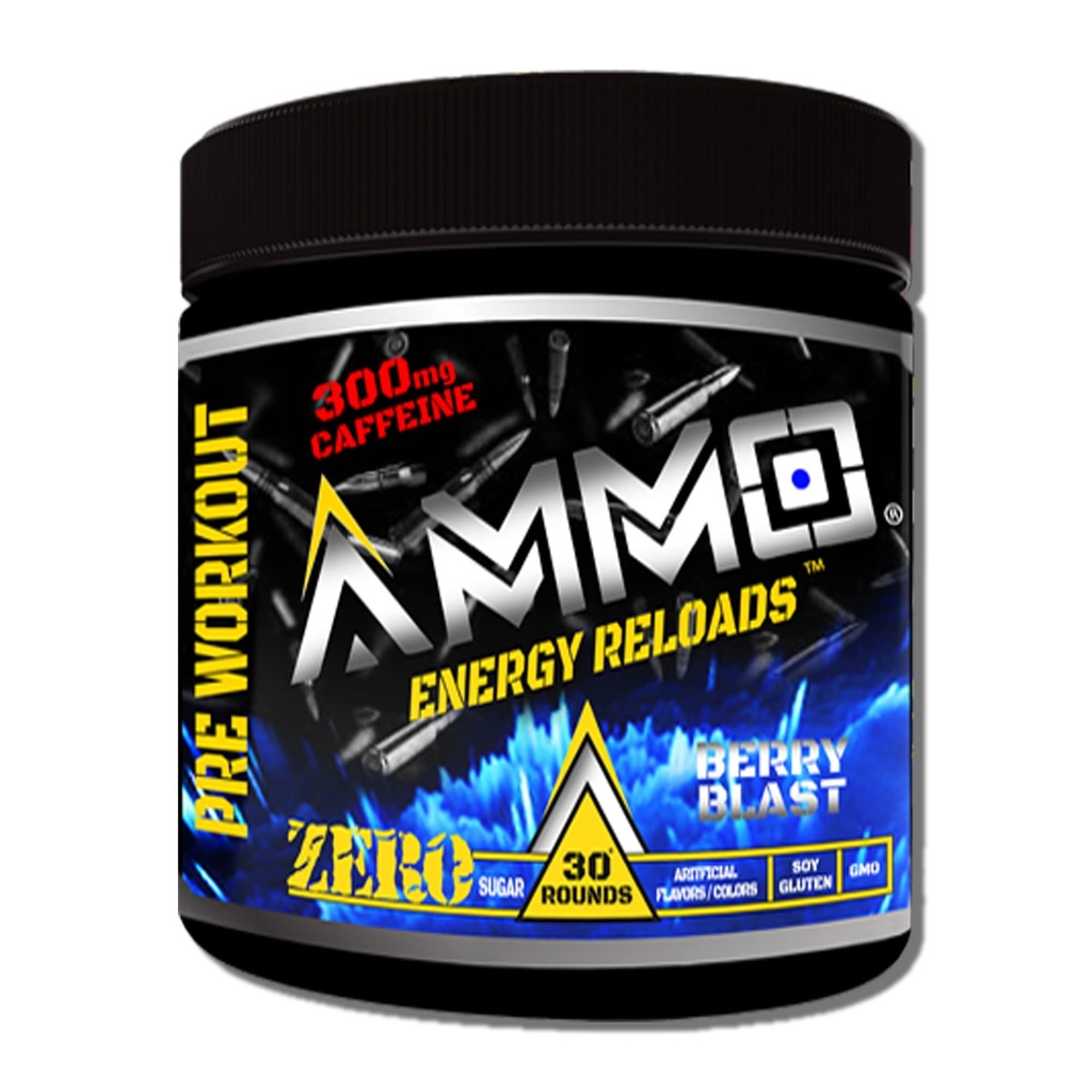 AMMO ® Energy ReloadsTM Pre Workout Toz - 300 mg Caffeine Zero Sugar Vital Aminos and Electrolytes No Yapay Flavors or Colors (Berry Blast)