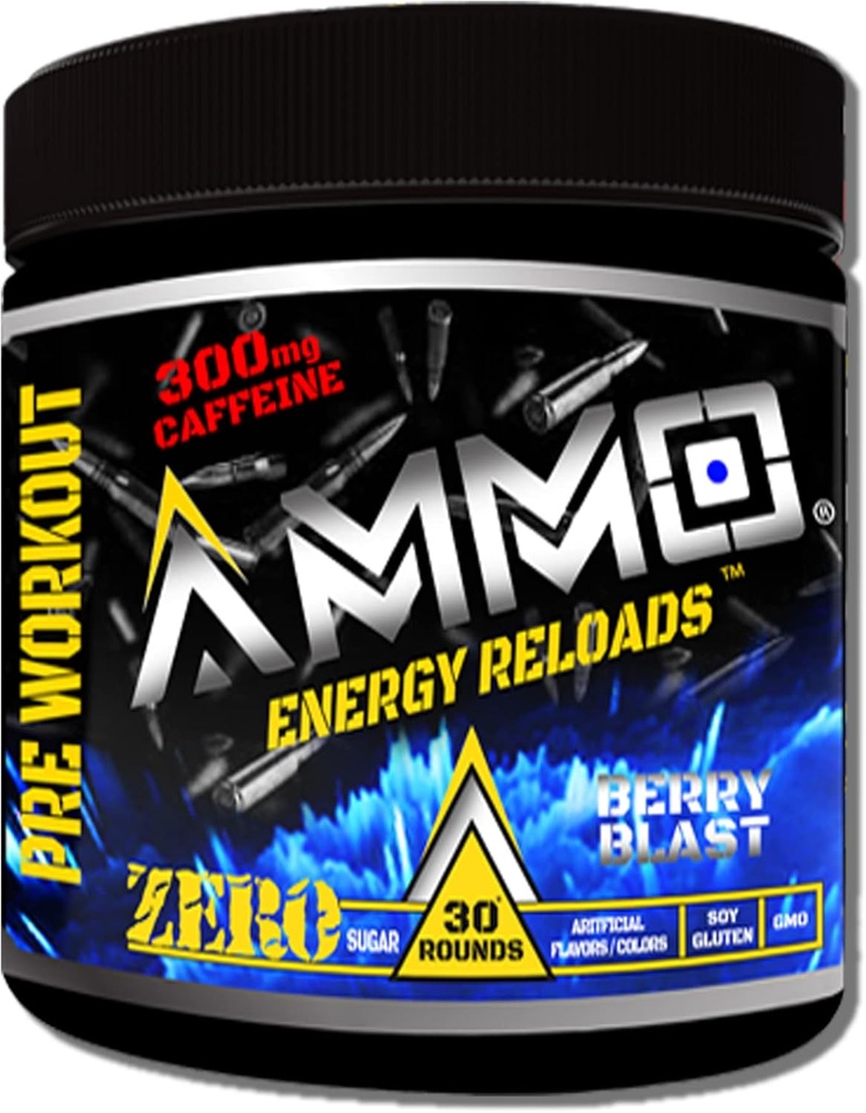 AMMO ® Energy ReloadsTM Pre Workout Toz - 300 mg Caffeine Zero Sugar Vital Aminos and Electrolytes No Yapay Flavors or Colors (Berry Blast)
