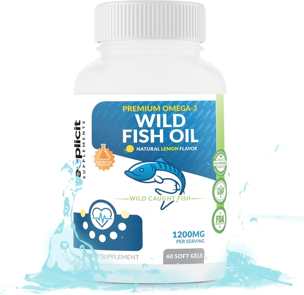 Wild Fish Oil Omega 3 - EPA/DHA - Burpless, Lemon Flavored Non-GMO, Gluten & Soy Free - hizmet başına 1200 mg, 60 hizmet, 60 Capsules