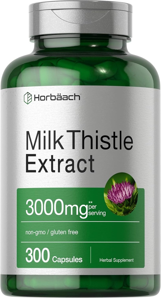 Horbäach Milk Thistle Supplement | 3000 mg | 300 Capsules | Herbal Extract | Non-GMO, Gluten Free