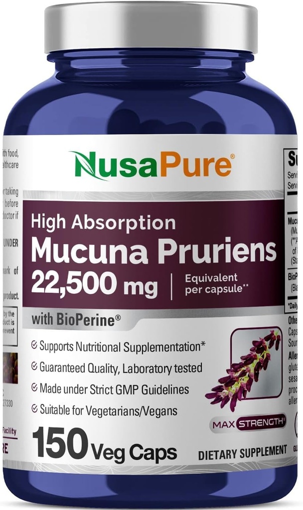 NusaPure Mucuna Pruriens 50:1 Ekstraksiyon, 450 mg 22.500 mg 150 Veggie Caps (Non-GMO, Vegan, Gluten Free, Bio-Perine)
