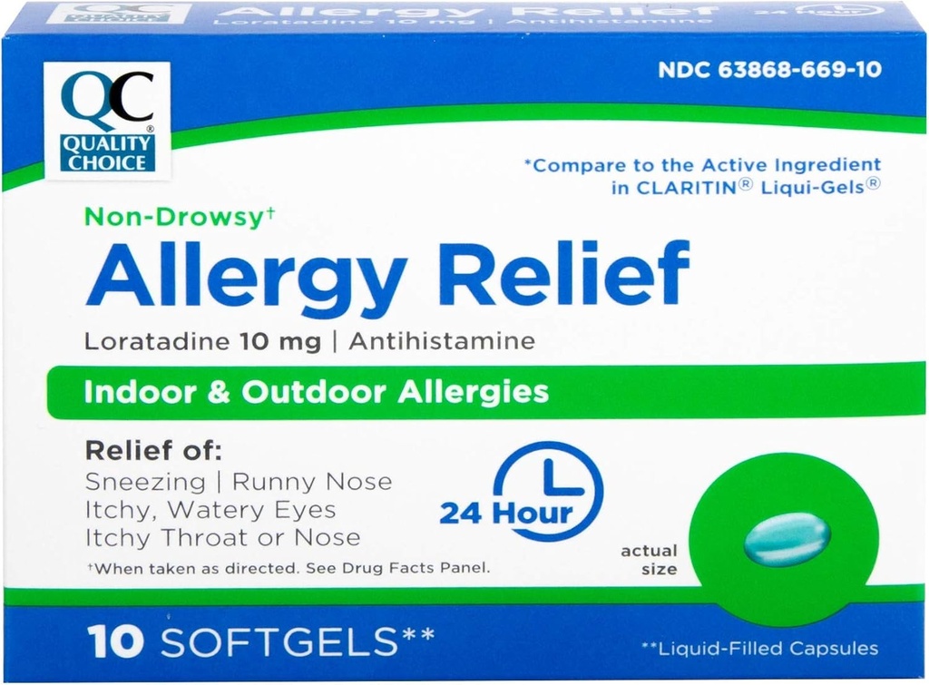 Allergy Relief Quality Choice, 24 ώρες μη υπνηλία Αλλεργία Ανακούφιση για Αλλεργίες εσωτερικού χώρου & εξωτερικού χώρου, Αντιισταμινική Λοραταδίνη 10 mg, Υγρά Γεμισμένα Softgels, 10 Count