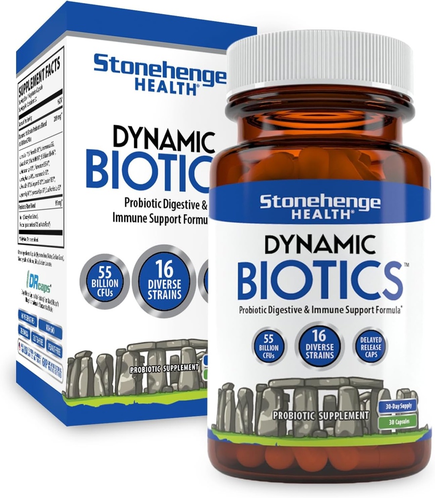 Stonehenge Health Probiotics 55 Δισεκατομμύρια CFU - 16 Strains, Prebiotic, Synbiotics Dynamic Biotics - Lactobacillus Acidophilus, Καθυστερημένη απελευθέρωση, Ράφι Σταθερή, Μη Γλουτένη Χωρίς κάψουλα