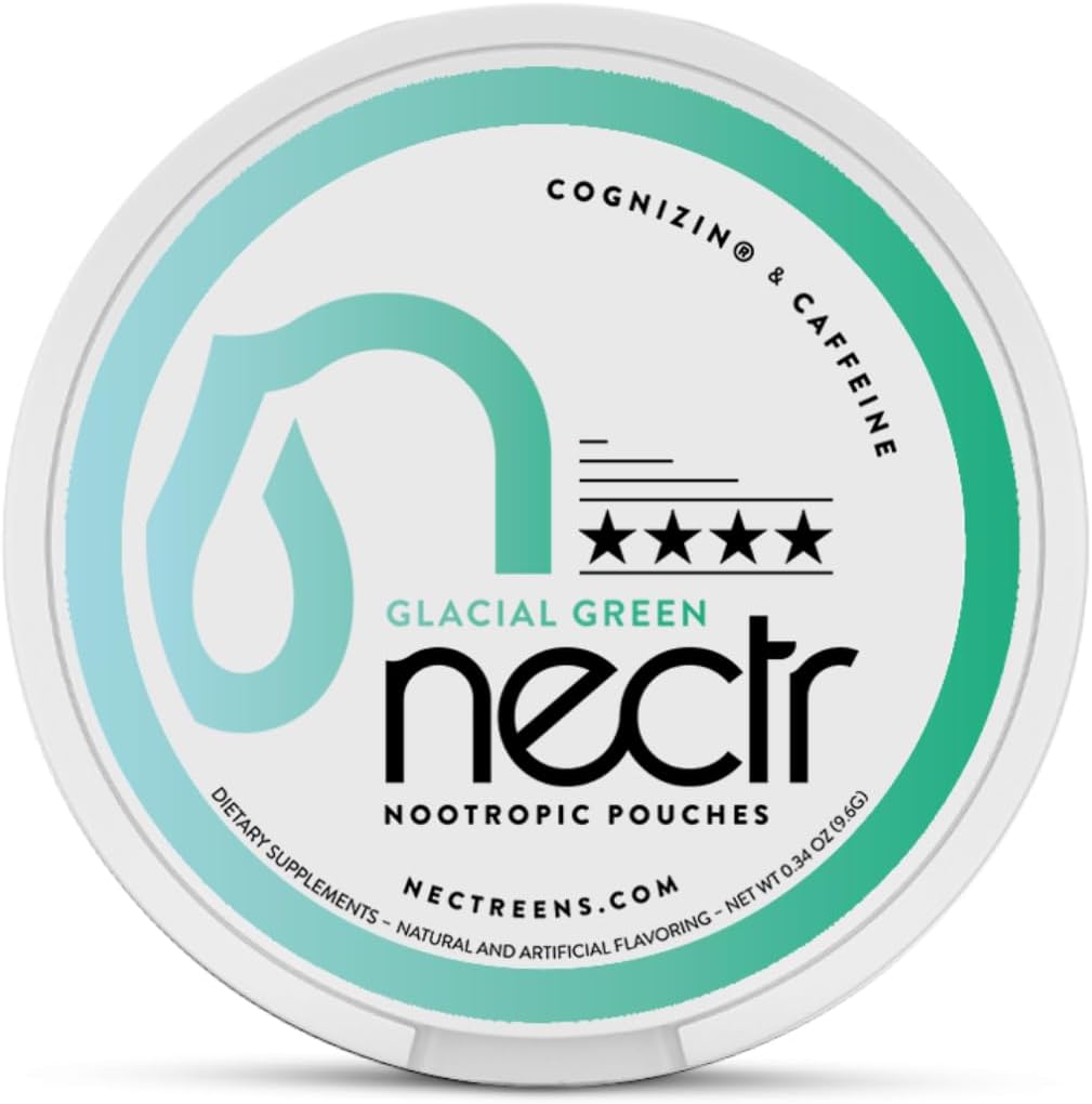 Nectr Energy Nootropic Pouches – Glacial Green Wintergreen Caffeine Pouches with Cog Atari® Citicoline. Sugar-Free Brain Treats. Smooth, Sustained Focus & Energy Supplement - 16parçalık 1 Puck of 16