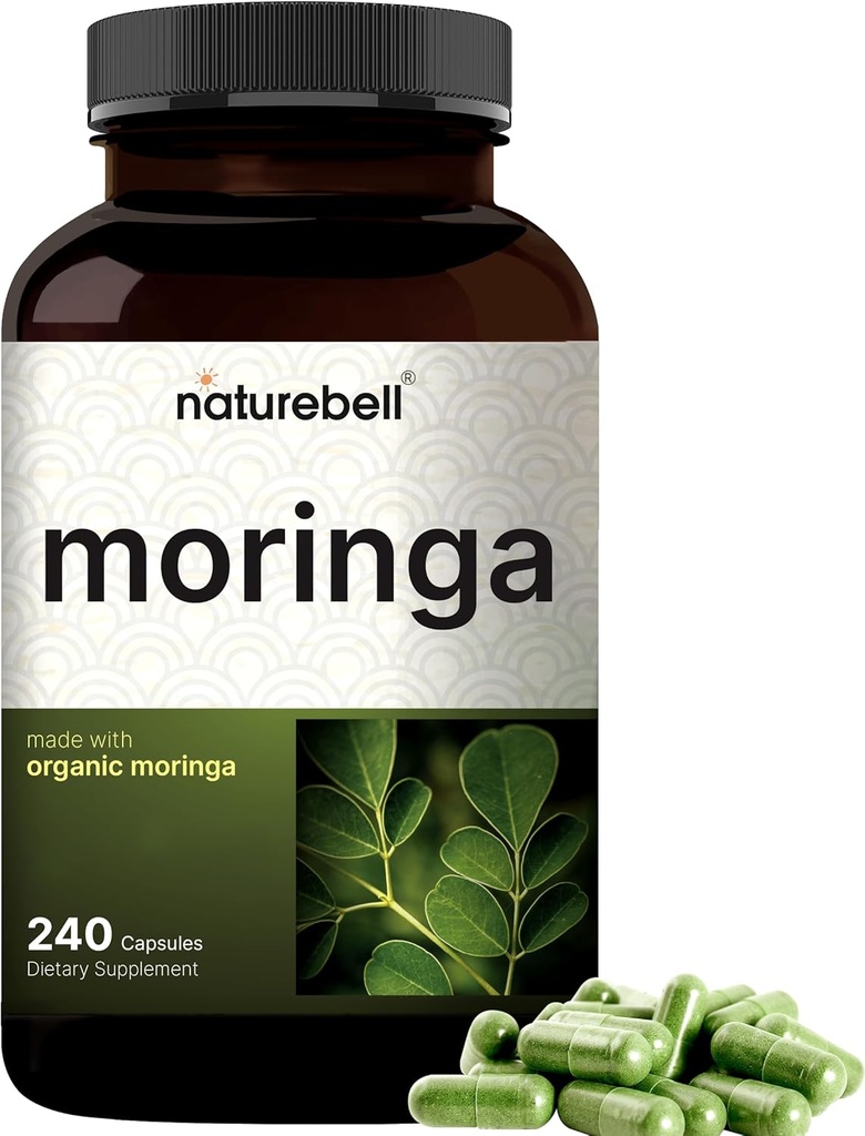 NatureBell Pure Moringa Capsules | Moringa Toz Organik, 240 Capsules – Green Superfood, Skin Health, & Immune Support – Non-GMO, Gluten Free, 4 Ay Supply