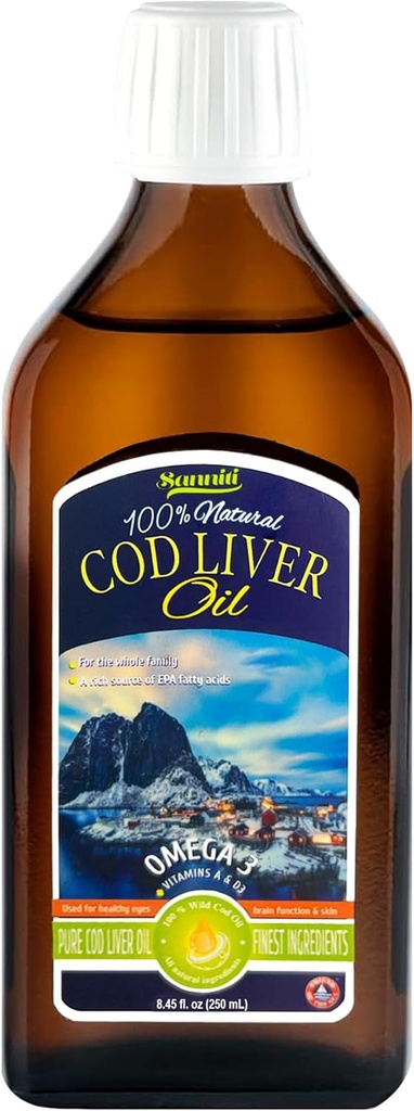 Sanniti 100% Doğal Cod Liver Oil, 1081 mg Total Omega-3 Fatty Acids, Wild Caught Nordic, 250 mL (8.4 oz) (Unflavored)