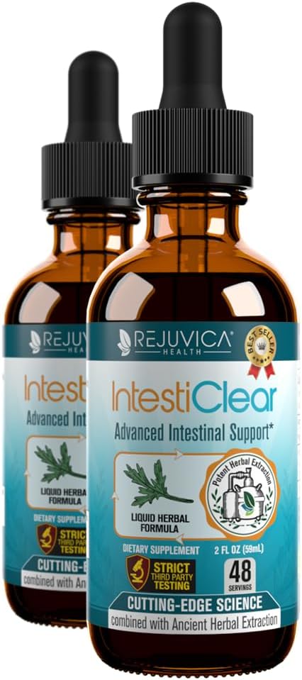 Rejuvica Health IntestiClear - Insanlar için Gelişmiş Intestinal Cleanse Desteği - Hızlı Aborpsiyon için All-Herbal Sıvı Formula - Bonus Liver Desteği - Wormwood, Black Walnut, Ginger ve More