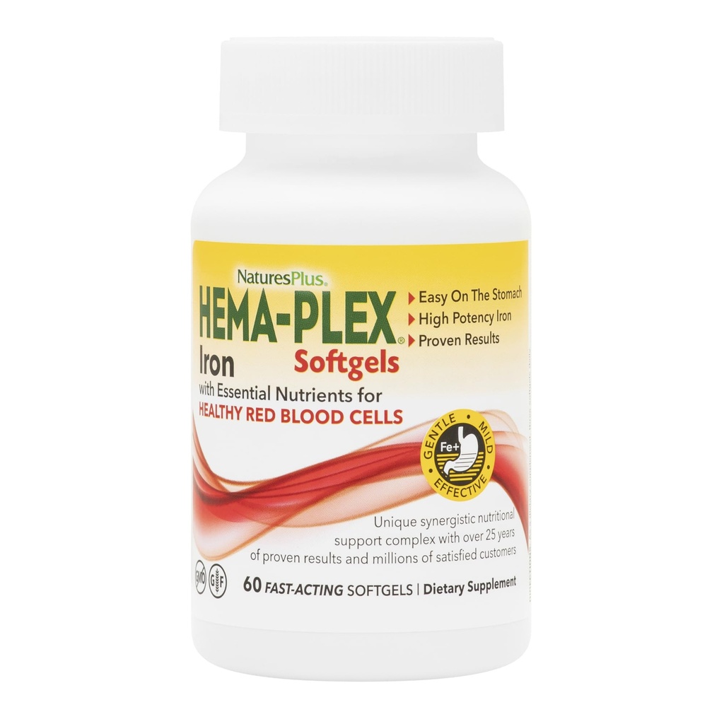NaturesPlus Hema-Plex Iron - 60 Softgels ταχείας δράσης - 85 mg σιδήρου + βιταμίνη C & Bioflavonoids για υγιή ερυθρά αιμοσφαίρια - Vegan, χωρίς γλουτένη - 20 Σερβιέτες