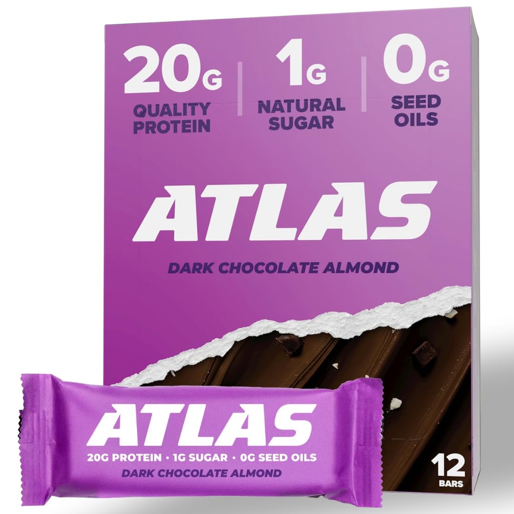Atlas Bar – 20g Protein, 1g Sugar, 0g Seed Oils, 0g Yapay Tatlıcılar (Dark Chocolate Almond, 12 Kont)