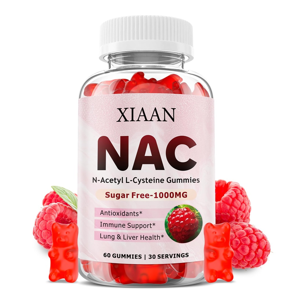 Çocuklar ve Yetişkinler için NAC Gummies, N Acetyl Cysteine 1000 mg NAC Supplement for Antioksis & Immune Support, Lung & Liver Health, Raspberry Flavor 60 Count