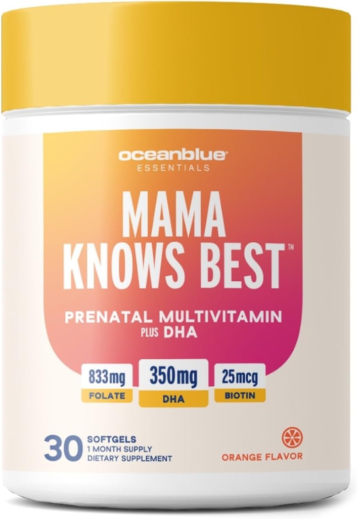 Oceanblue Essentials Mama ξέρει καλύτερα – 30ct – Προγεννητική πολυβιταμίνη με Omega-3 DHA – Υποστηρίζει μια υγιή εγκυμοσύνη – Εύκολο να καταπιούν Softgels – Νόστιμη γεύση πορτοκάλι – 1 μήνα προσφοράς